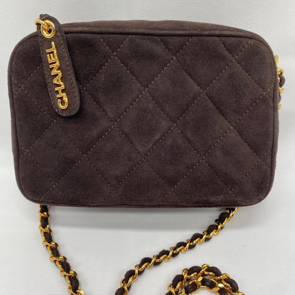CHANEL Brown Quilted Suede Crossbody with Gold Hardware